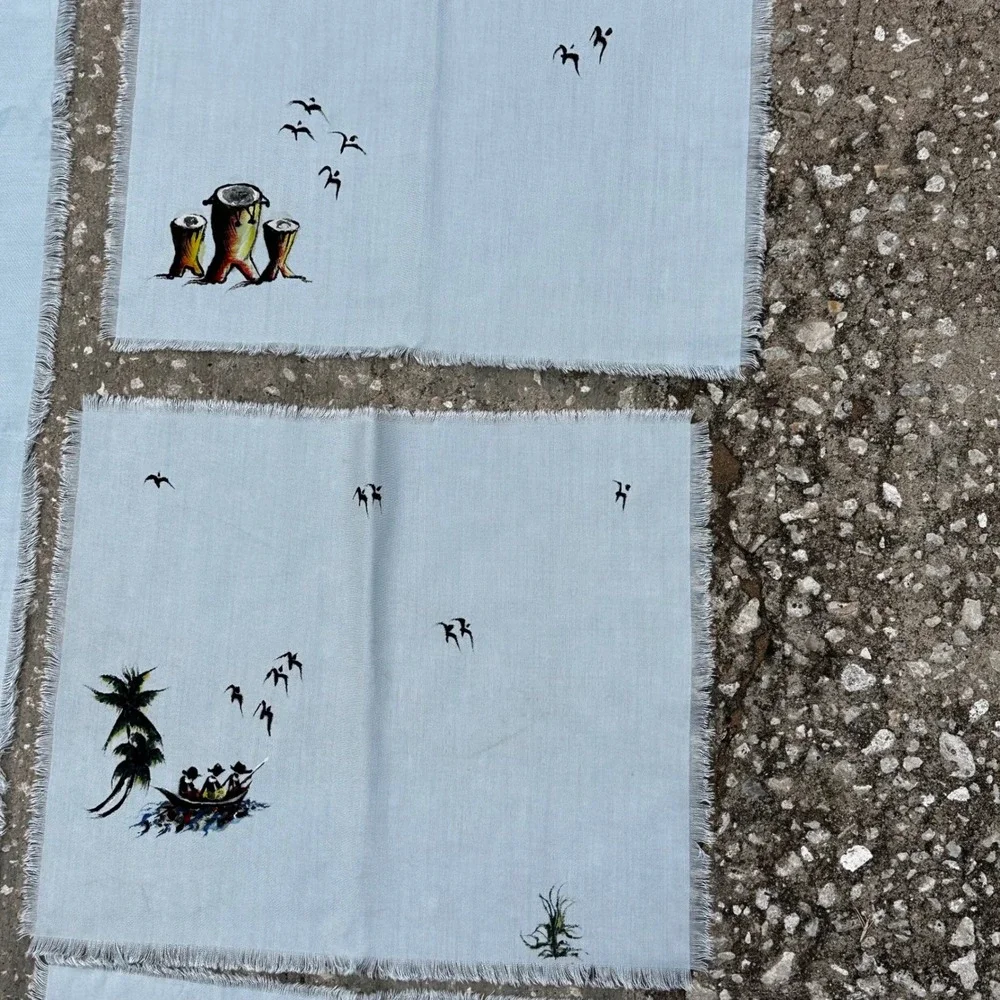 Vintage African Village Scenic Tablecloth 12 Placemats Set Fringed Blue Large
